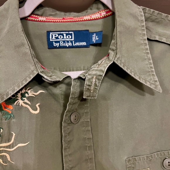 RARE Men's Polo Ralph Lauren Rare Embroidered Dragon Army Green Shirt Size LARGE - Picture 3 of 6